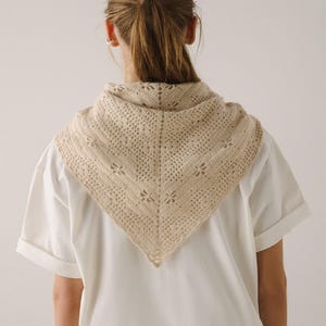 Puede incluir: Un chal triangular de ganchillo en color beige que presenta un intrincado patrón calado con pequeños motivos florales y un borde festoneado. El chal está colocado sobre los hombros, mostrando una textura delicada y ligera en un tono neutro.