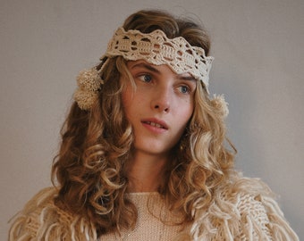 Handmade Cotton Crochet Headband: Beige Boho Lace Headpiece With Pompoms