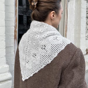 Puede incluir: Un chal triangular de ganchillo en color gris claro que presenta un intrincado patrón calado con pequeños motivos florales y un borde festoneado. El chal está colocado sobre los hombros, mostrando el detallado trabajo y la textura del hilo.