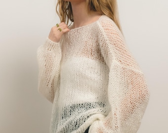 Hand Knit Mohair Sweater, Airy Fuzzy Pullover, Soft Lightweight Jumper, Cozy Feminine Chunky Knit Sweater