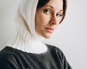 Angora Balaclava, Hand Knit Hood, Soft Knit Hat, Cozy Fall Accessory, Warm Hooded Scarf for Women