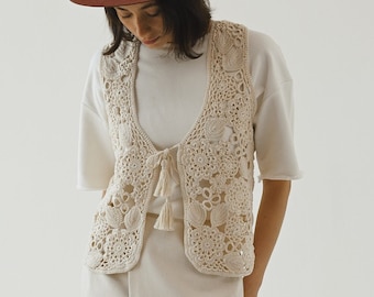 Handknit Cotton Lacy Slipover Vest: Tassel Tie Sleeveless Top