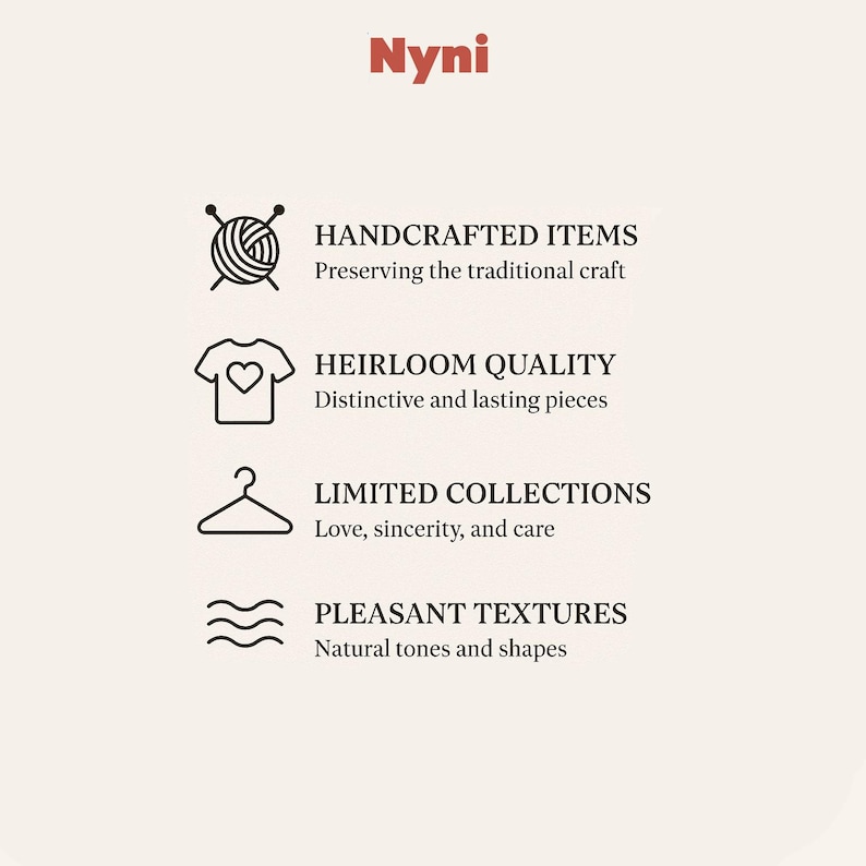 Puede incluir: Gr&aacute;fico con el nombre de la marca "Nyni" en rojo. La imagen presenta iconos y texto que describen los valores de la marca: art&iacute;culos hechos a mano, calidad de herencia, colecciones limitadas y texturas agradables.