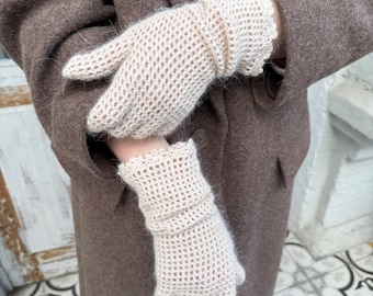 Handmade Angora Wool Waffle Knit Gloves, Cream Winter Accessories