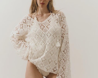 Handmade Crochet Cotton Beach Cover Up: Boho Tunic Top