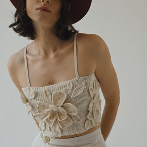 Low Back Knit Tank With Adjustable Ties, Hand Knitted Sleeveless Summer Tank Top, Fitted Cotton Strappy Top With Flower Details For Women