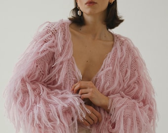 Handmade Pink Alpaca Merino Cardigan: Cropped Wool Knit Jacket