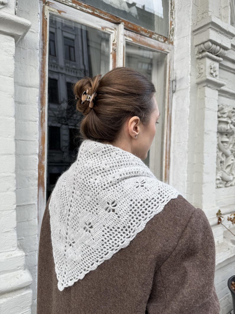 Knit Triangle Scarf, Angora Head Scarf, Soft Winter Kerchief, Cozy Neck Wrap, Fall Style Accessory Gray