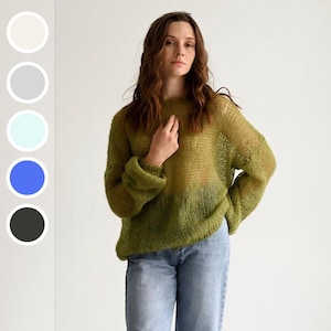 Hand-Knitted Olive Mohair Pullover: Lightweight Fuzzy Sweater