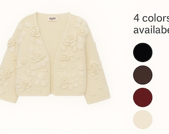 Handknit Cotton Cardigan: White V-Neck Jacket With Embroidered Flowers