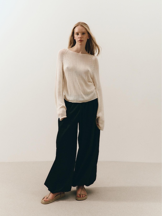 Handmade Silk Knit Sweater, Ivory Long Sleeve Knit Top, Crew Neck Womens Pullover
