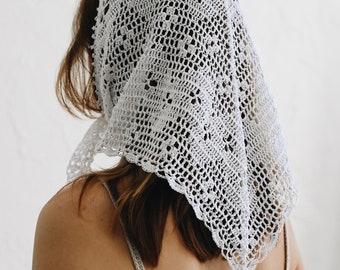 Hand-Crocheted Cotton Lace Headwrap: Milky White Triangle Scarf