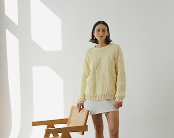 Hand-Embroidered Yellow Floral Cotton Sweater - Chunky Knit Pullover