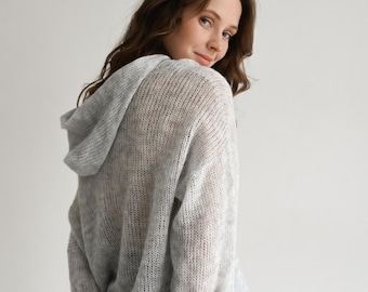 Hand Knitted Mohair Hoodie: Gray Slouchy Knitwear