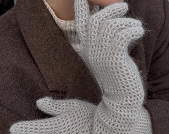 Handmade Angora Wool Waffle Knit Gloves, gray Winter Accessories
