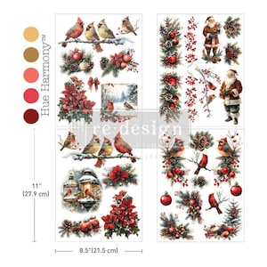 May include: A set of Christmas-themed rub-on transfers featuring cardinals, Santa Claus figures, poinsettias, pinecones, and ornaments. The sheets measure 8.5 inches by 11 inches and include the text Hue Harmony and re-design with primary.