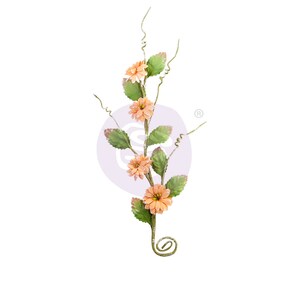 May include: A delicate floral sprig with peach-colored flowers and green leaves. The sprig is curled at the end and has a rustic, vintage feel.