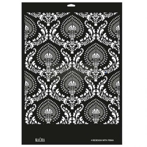 May include: Black and white stencil with a damask pattern. The stencil is labeled "Kačha" and "Redesign with Prima".