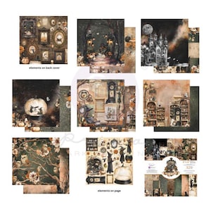 May include: A collection of 32 decorative paper sheets featuring Halloween-themed illustrations including owls, witches, pumpkins, gothic castles, vintage clocks, and ornate picture frames. The set includes various dark, atmospheric scenes and patterns.