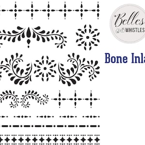 May include: A set of black and white bone inlay design elements. The designs include floral patterns, geometric shapes, and borders. The text "Belles and Whistles" and "Bone Inlay" are also included in the image.
