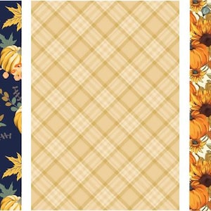 May include: Three seamless patterns featuring autumnal themes. The first pattern is a dark blue background with orange and white pumpkins, leaves, and berries. The second pattern is a light beige background with a plaid pattern. The third pattern is a light beige background with orange pumpkins, sunflowers, and leaves.