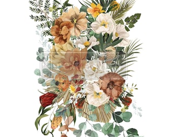 May include: A watercolor painting of a bouquet of flowers in shades of brown, white, and red. The flowers are arranged in a loose, natural style and include roses, peonies, and other blooms. The bouquet is set against a white background.