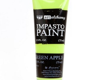 May include: A 2.5 fluid ounce tube of green apple colored acrylic paint. The tube is labeled "art alchemy IMPASTO PAINT" and "GREEN APPLE".
