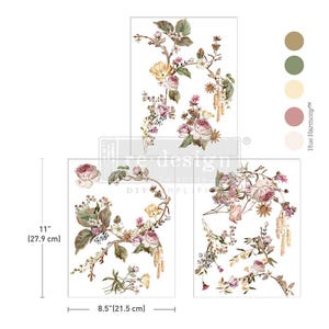 May include: Floral transfer sheets featuring botanical designs with roses, leaves, and other flowers in shades of pink, yellow, and green. The sheets are 11 inches (27.9 cm) tall and 8.5 inches (21.5 cm) wide. The text "re design" and "DIY" are visible.