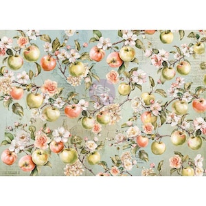 May include: A decorative paper with a vintage floral design. The pattern features green and red apples, white blossoms, and pink roses on a light blue background. The design has a distressed, aged appearance.