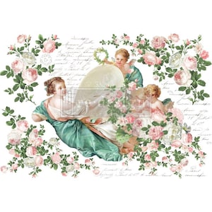 May include: A vintage-style image featuring two cherubs and a woman in a flowing green gown, surrounded by delicate pink and white roses. The image includes handwritten text in a cursive font.