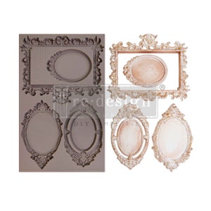 May include: A collection of decorative frame molds and finished frames. The molds are gray and feature ornate, vintage-style designs with oval and rectangular openings. The finished frames are white and gold, with a distressed finish, and are also oval and rectangular.