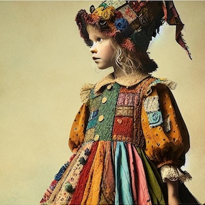 May include: A young person wearing a colorful patchwork dress and a matching hat. The dress features a variety of fabrics in shades of orange, green, blue, and red. The hat is adorned with fabric scraps and embellishments.