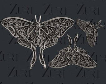 Puede incluir: Tres esculturas de metal de mariposas, cada una con un diseño único y engranajes y ruedas dentadas intrincados. Las esculturas están hechas de metal plateado y tienen una estética steampunk.