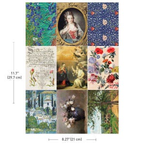May include: A collage of nine images with various artistic styles. The images include floral patterns, a portrait of a woman, religious paintings, and landscape scenes. The collage measures 11.7 inches (29.7 cm) high and 8.27 inches (21 cm) wide.