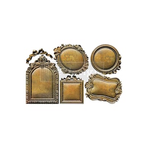 May include: A collection of five ornate, antique-style picture frames in varying shapes including arched, oval, rectangular, and scalloped designs. Each frame features a metallic bronze finish with intricate relief detailing and scrollwork.