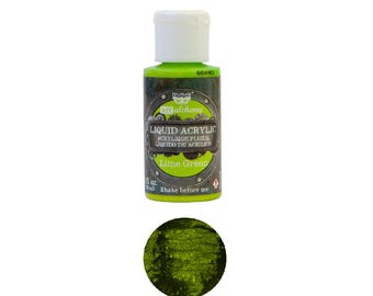 May include: A 1 fl oz bottle of lime green liquid acrylic paint. The bottle has a black and silver label with the text "alchemy LIQUID ACRYLIC ACRYLIQUE FLUIDE LIQUIDO DE ACRILICO Lime Green" and "Shake before use".