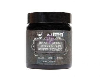 May include: A black jar of heavy gesso with the text "art basics" and "Heavy Gesso, Gesso Épais, Gesso Pesado" in a metallic silver font. The jar is labeled "Black, Noir, Negro" and contains 8.5 fl oz (250 ml) of gesso.