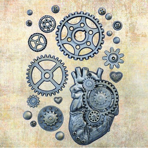 May include: A silver heart with gears and cogs, surrounded by smaller gears and silver beads on a textured beige background.