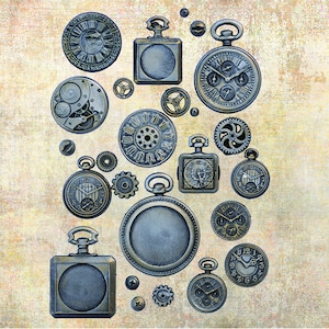 May include: A collection of vintage pocket watches and clock parts in various shades of blue and silver on a textured beige background. The watches have Roman numeral faces and intricate designs.