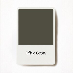 May include: A rectangular card with rounded corners features a dark olive green color block. The text "Olive Grove" is printed in a cursive font at the bottom of the card. The card is set against a white background.