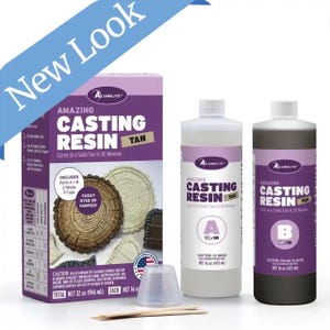 May include: A casting resin kit with the text "Amazing Casting Resin Tan" on the box and bottles. The kit includes parts A and B, sticks, and cups. The resin cures to a solid tan in 30 minutes. The box shows examples of the finished product.