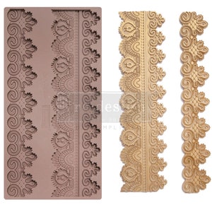 May include: A silicone mold for baking with three different lace designs. The mold is brown and the lace designs are in a gold color.