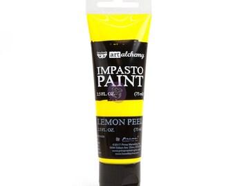 May include: A yellow tube of Prima Marketing's art alchemy Impasto Paint in the color Lemon Peel. The tube is 2.5 fluid ounces or 75 milliliters.