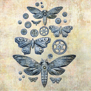 May include: A vintage-inspired design featuring a collection of metallic butterflies and gears on a textured beige background. The butterflies are in various sizes and have intricate details, including gears and other mechanical elements.