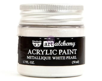 May include: A white metallic acrylic paint jar with a black label that reads "Finnabair art alchemy ACRYLIC PAINT METALLIQUE WHITE PEARL 1.7 FL. OZ. (50 ml)"
