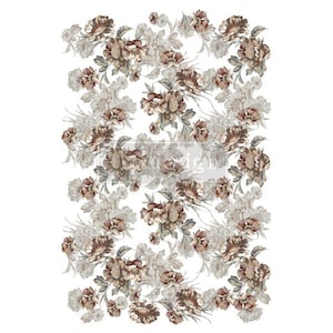 May include: A seamless pattern featuring a repeating design of brown and gray floral motifs on a white background. The flowers are stylized and have a vintage feel.