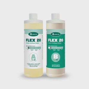 May include: Two plastic bottles of Alumilite Flex 20 flexible urethane rubber, labeled A and B. Each bottle contains 16 fluid ounces of liquid. The labels feature a teal band with the text Flex 20, a Shore A hardness scale, and a 1A:1B mix ratio.