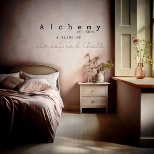 May include: A bedroom with a bed, nightstand, and a pink wall painted with Fusion Mineral Paint Alchemy, a blend of limestone and chalk.