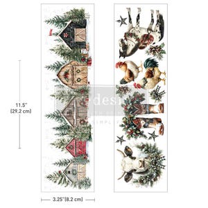 May include: A decorative transfer sheet featuring two vertical columns of rustic holiday illustrations, including barns, pine trees, a horse, a rooster, cowboy boots, and a cow, all adorned with greenery. The sheet measures 11.5 inches by 3.25 inches.