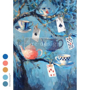 May include: An artistic painting depicts a whimsical tea party scene. Teacups, saucers, and a teapot are arranged on tree branches, with playing cards strung between them. The color palette includes blues, pinks, and whites, creating a dreamy atmosphere.